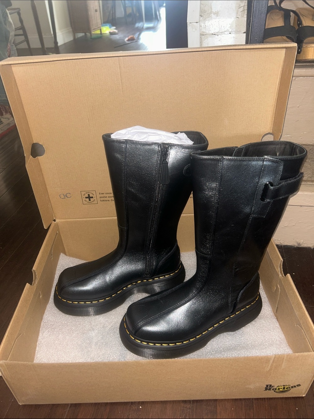 Dr. Martens Black Leather Platform Combat Boots with Yellow Stitching